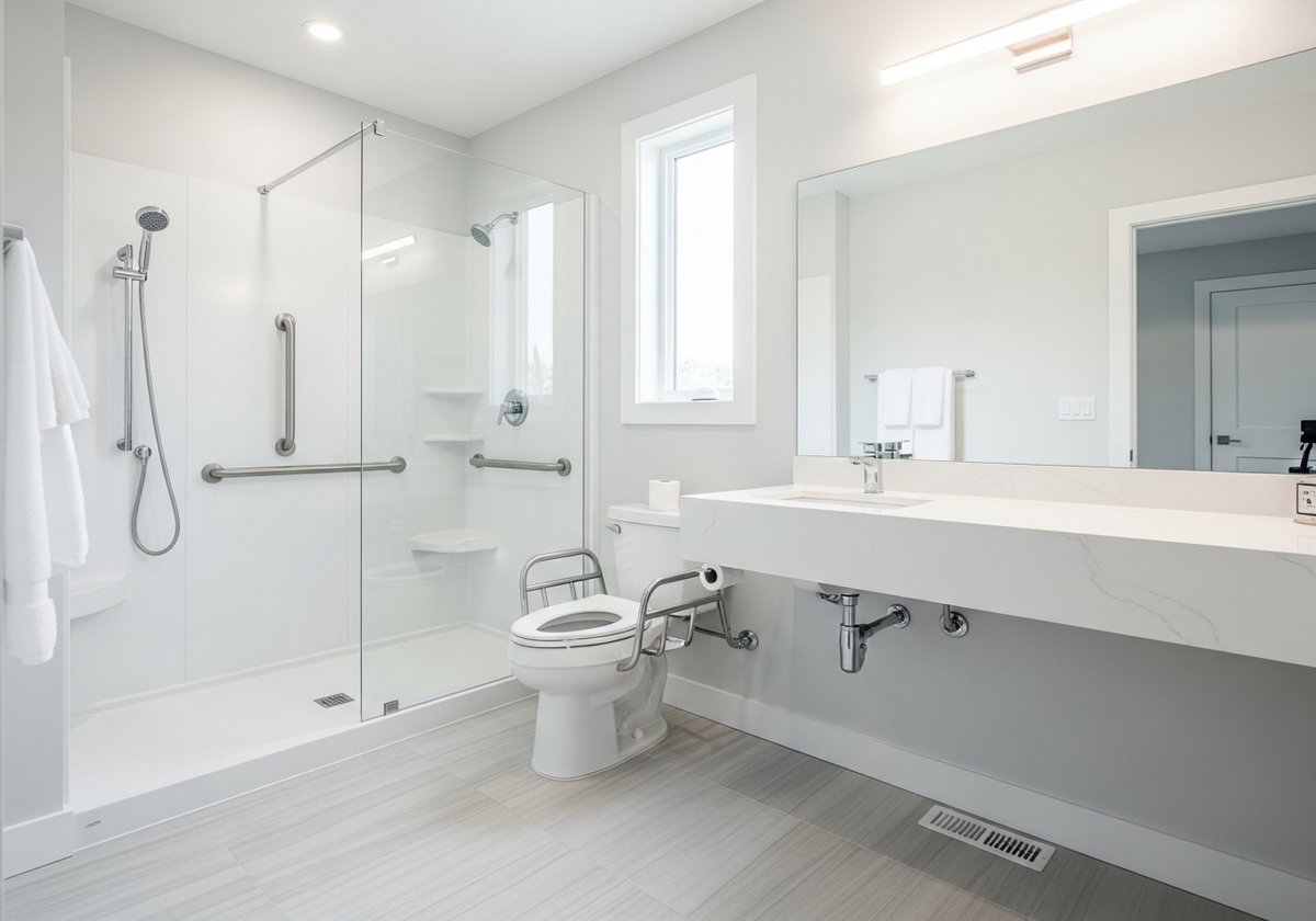Modern prefab bathroom with zero-threshold roll-in shower, grab bars, wide turning space, and accessible vanity