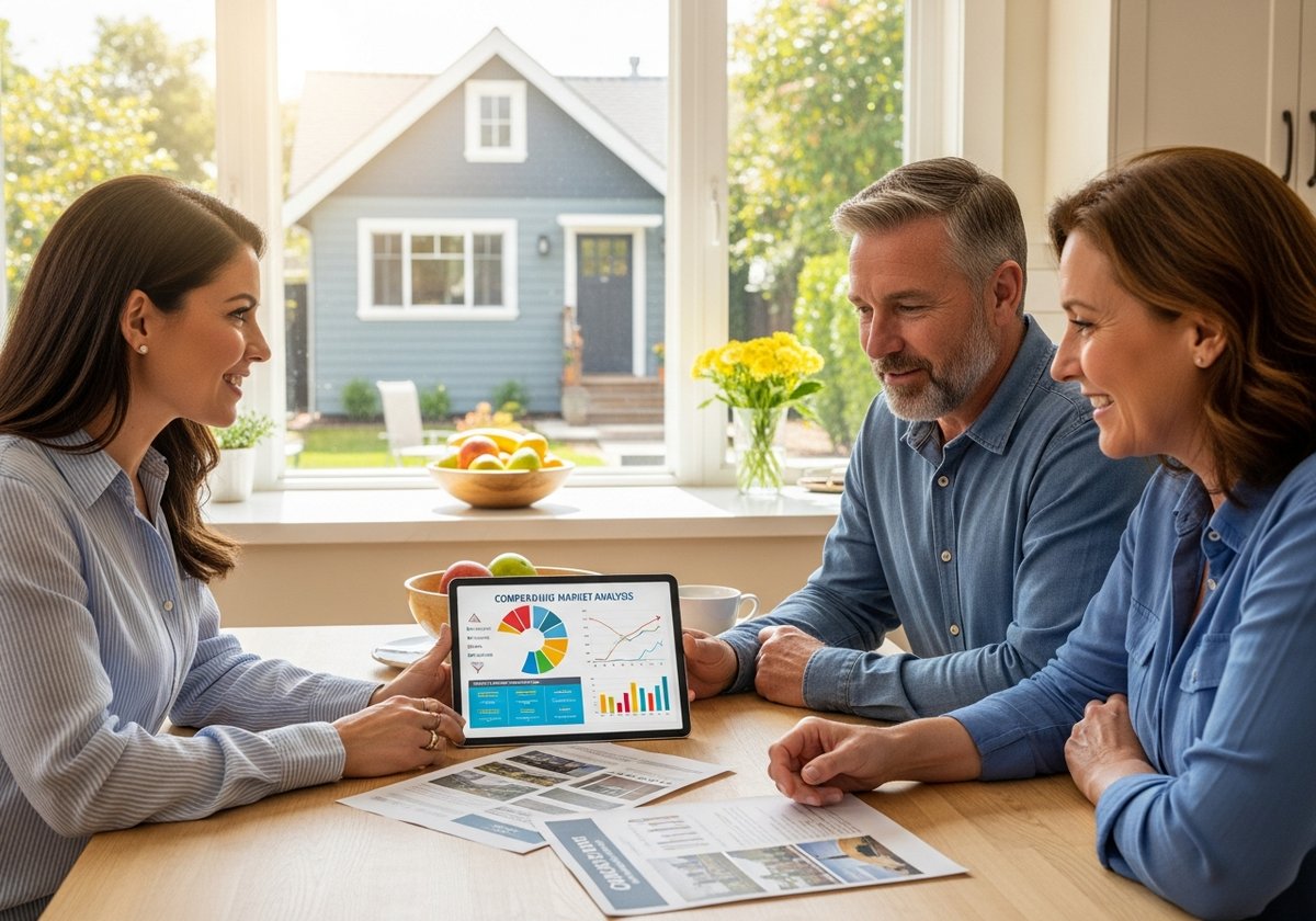 Real estate agent showing home value data on a tablet to homeowners with a backyard ADU visible through the window