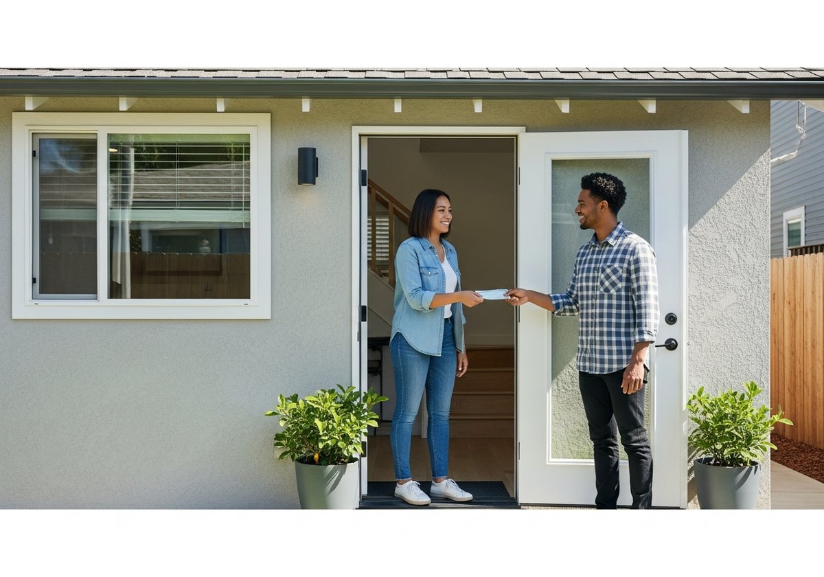 Tenant handing rent check to homeowner at the private entrance of a backyard ADU on a sunny day