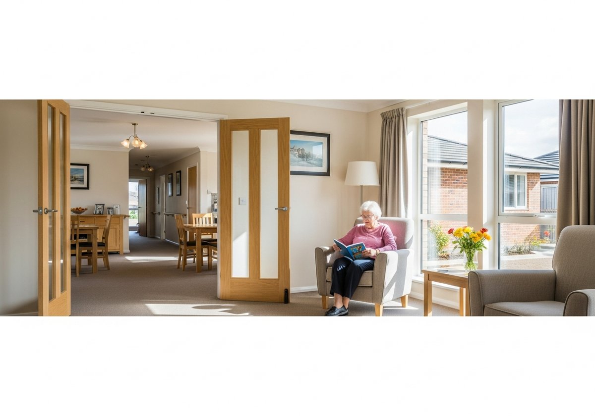 Bright, open-plan living room designed for independent aging in place with wide hallways and accessible layout