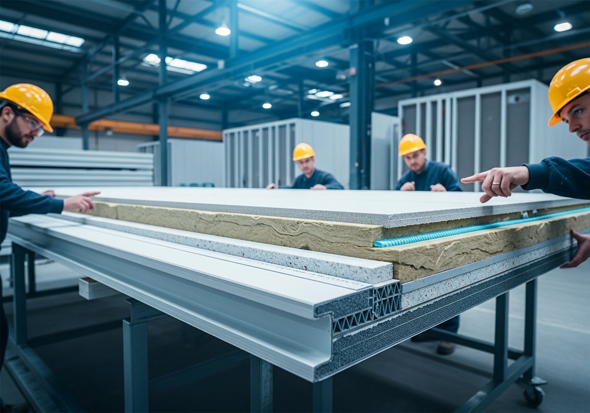 Factory workers inspecting tightly sealed prefab wall panels, illustrating airtight modern modular construction