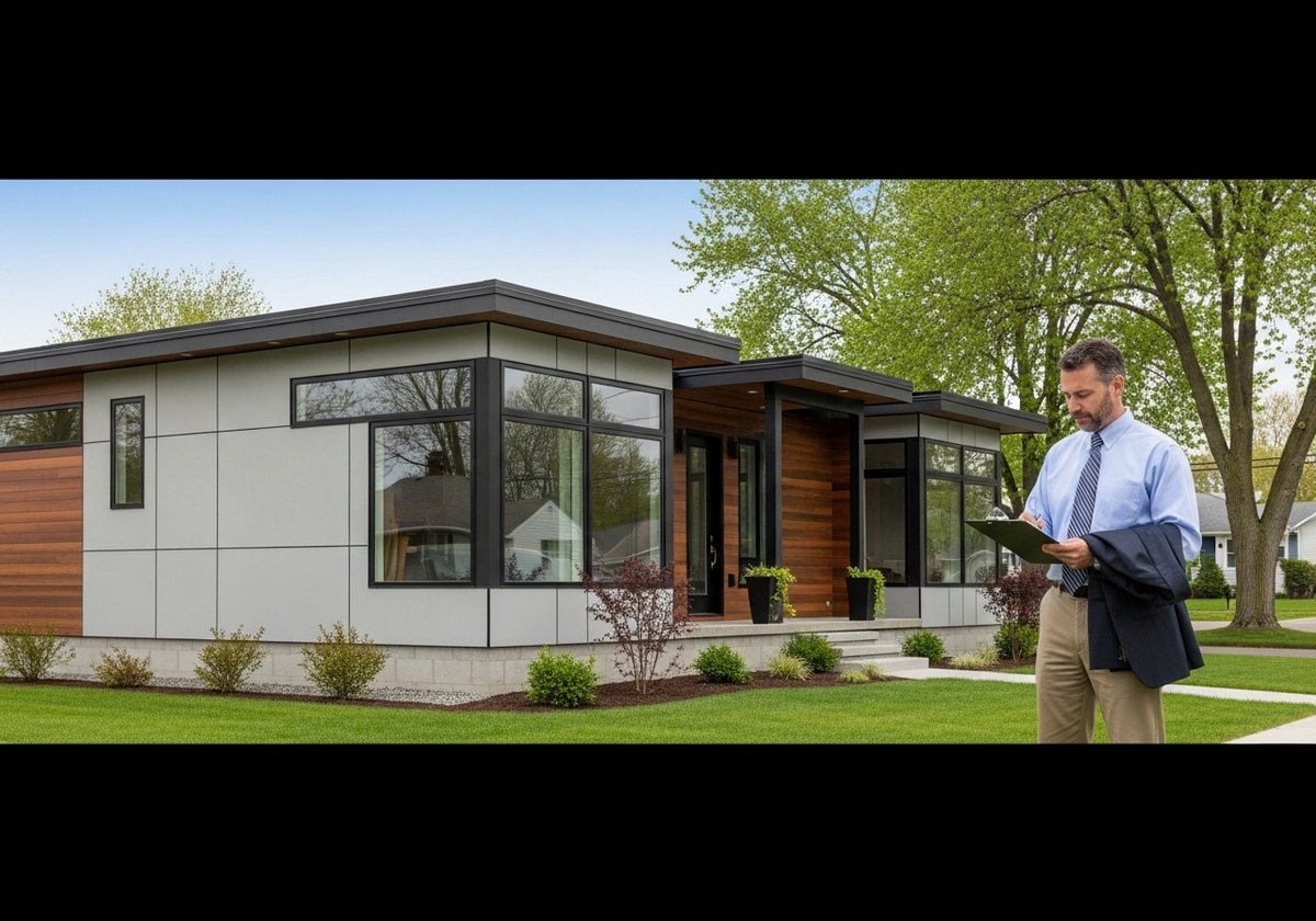 How Appraisers Evaluate Prefab Homes Today Appraiser evaluating a modern prefab modular home on a permanent foundation in a suburban neighborhood
