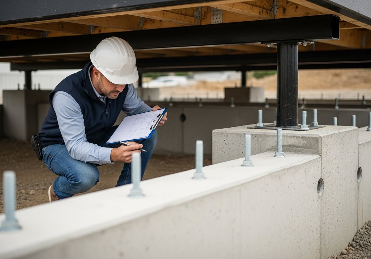 Appraiser inspecting the permanent concrete foundation of a prefab home during a value assessment