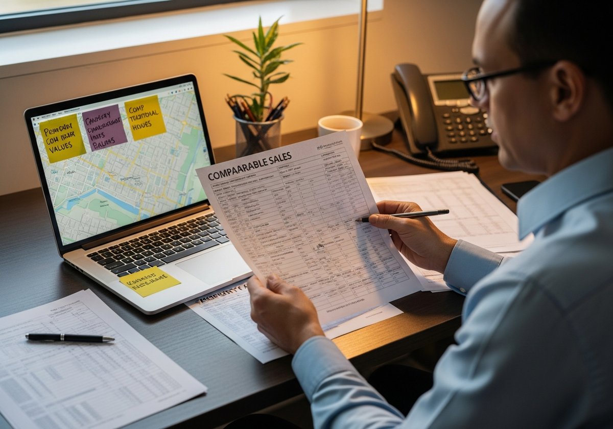 Appraiser reviewing comparable sales data at a desk, highlighting difficulty finding prefab home comps