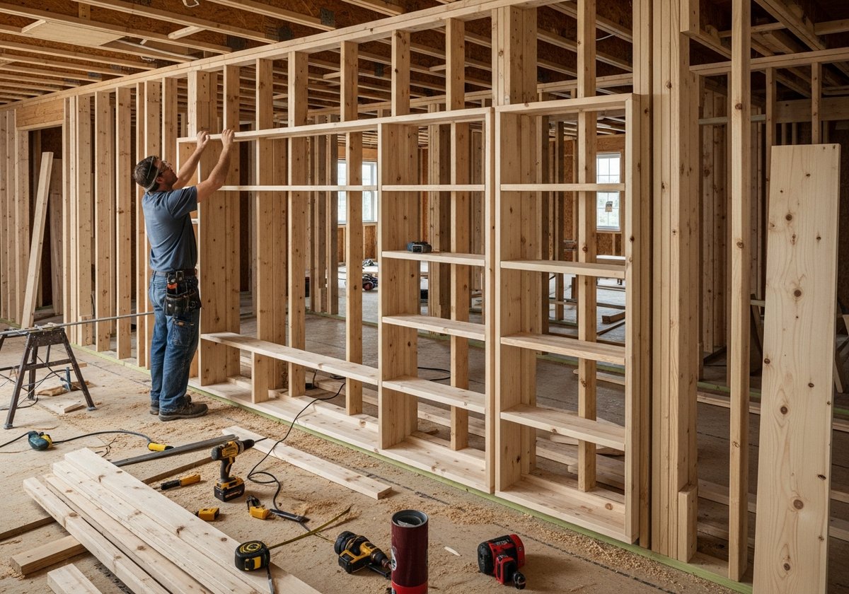 Carpenter installing custom built-in shelving inside a prefab home during construction, showing integrated storage planning.