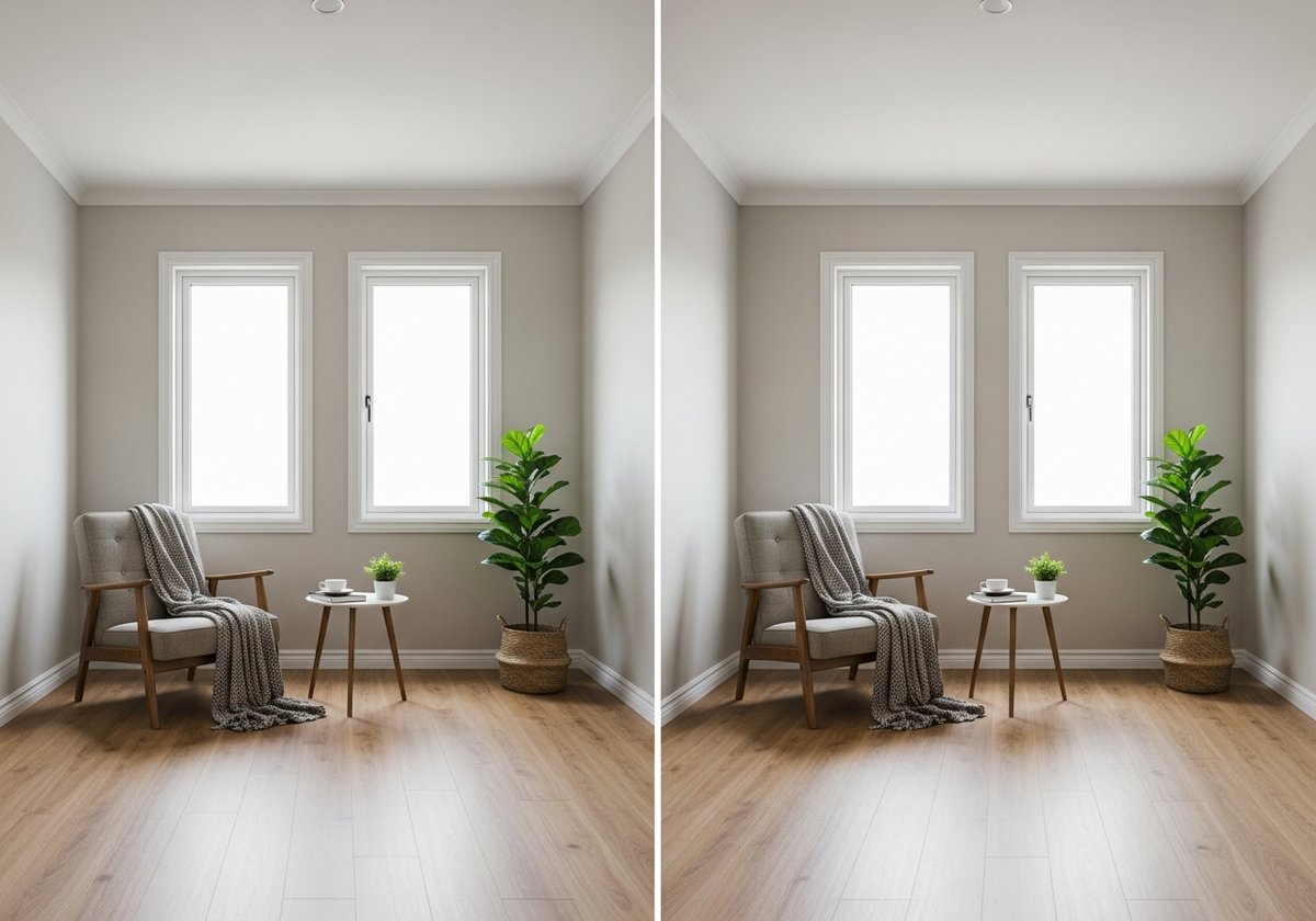 Two room interiors side by side showing contrast between low and high ceilings and their effect on perceived space.
