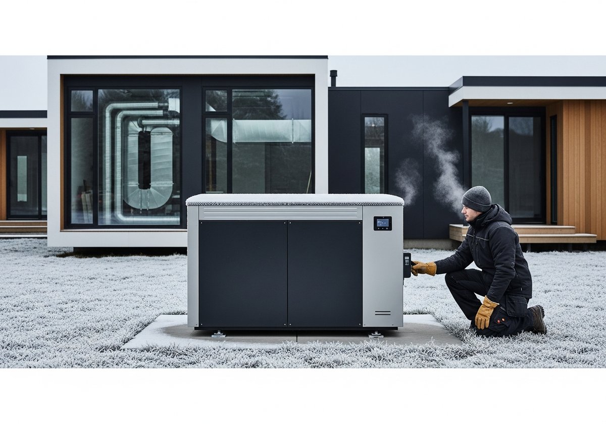Cold-climate heat pump unit installed outside a prefab home in freezing winter conditions with a technician inspecting it