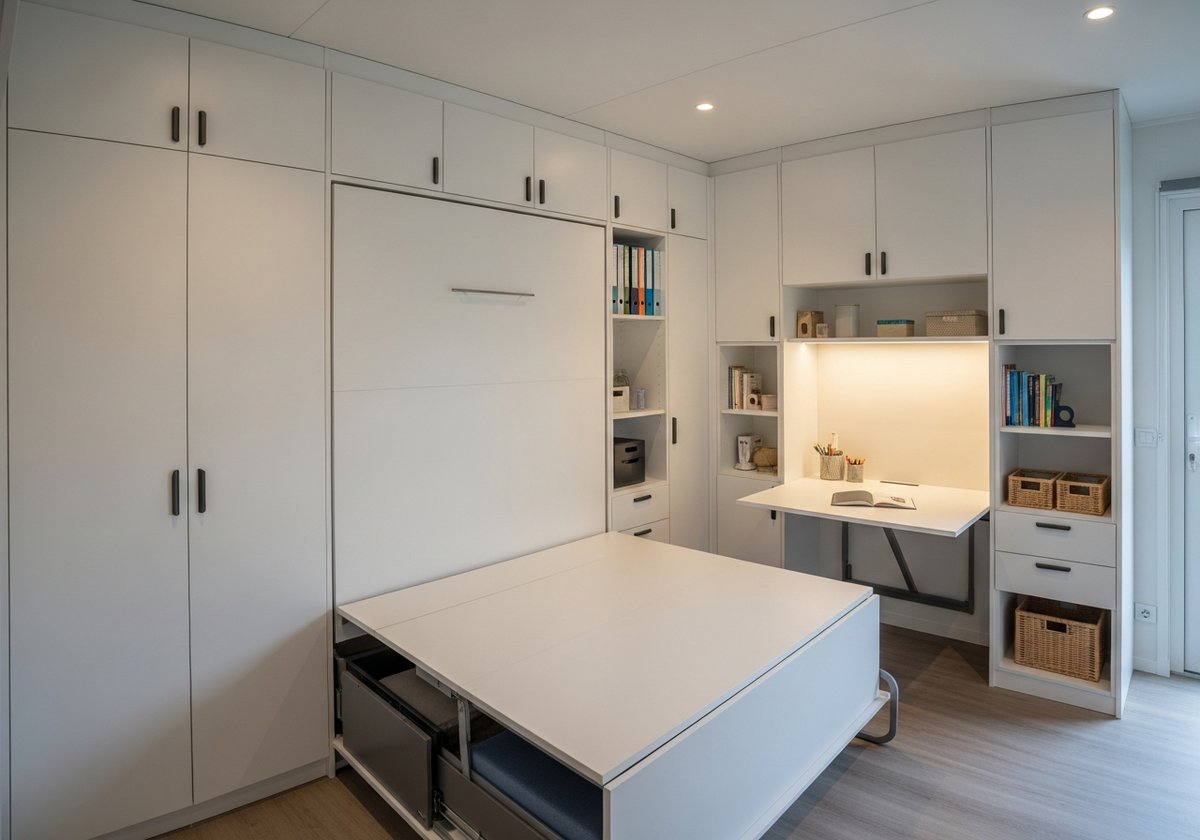Modular home multifunctional room with Murphy bed, fold-down desk, and floor-to-ceiling built-in storage wall