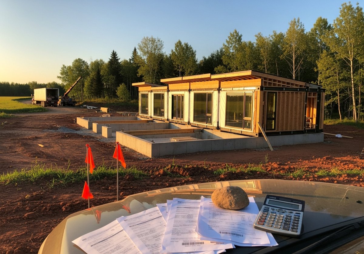 Hidden Ownership Costs of Prefab Homes Nobody Mentions Prefab modular home being installed on rural land with a truck and calculator suggesting hidden ownership costs