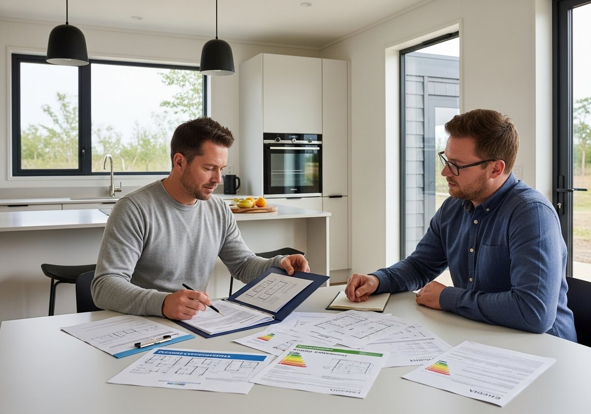 Homeowner sharing documentation with an appraiser at a kitchen table inside a modern prefab home