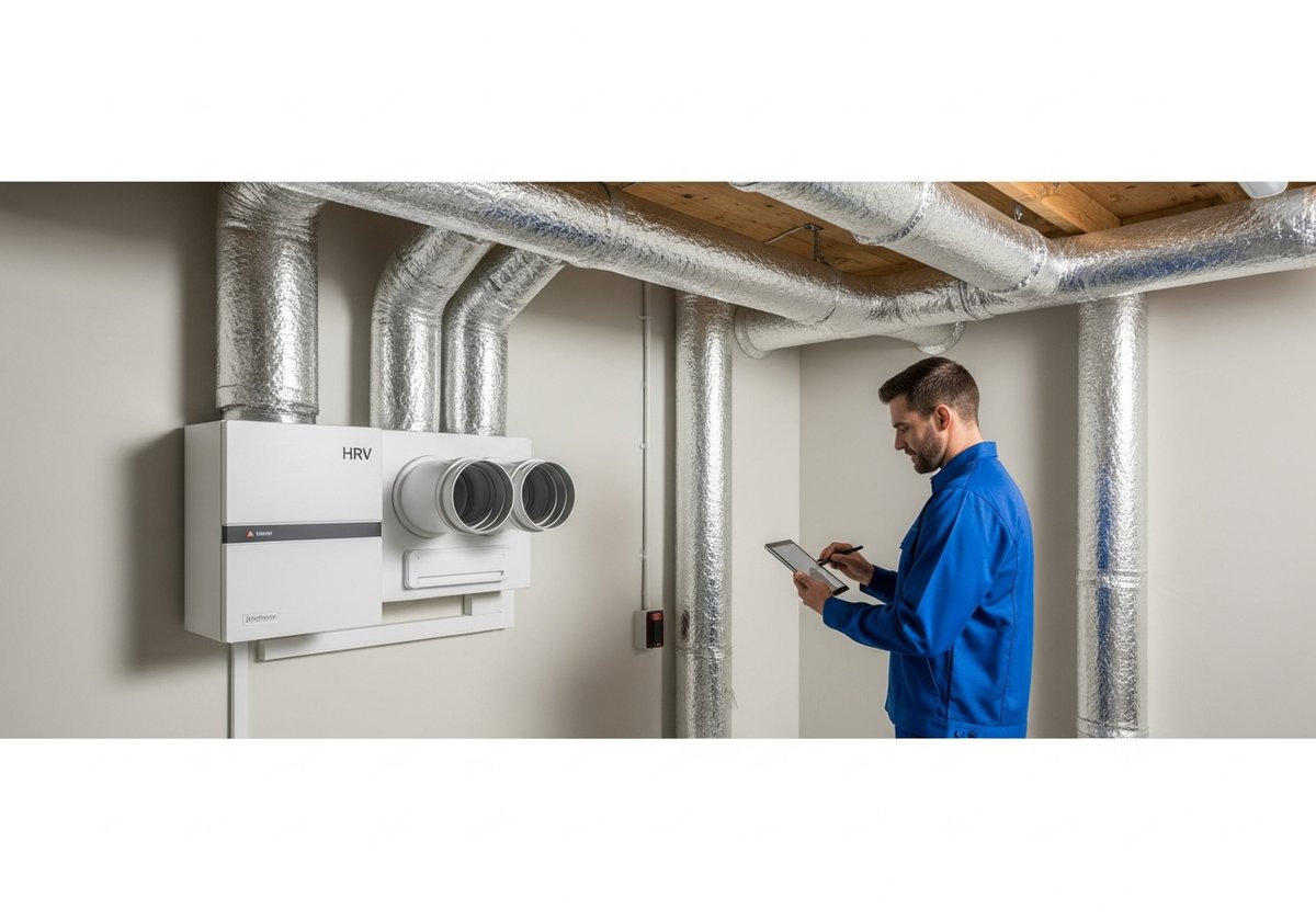 HVAC technician checking a heat recovery ventilator unit with dual ducts installed in a prefab home mechanical room