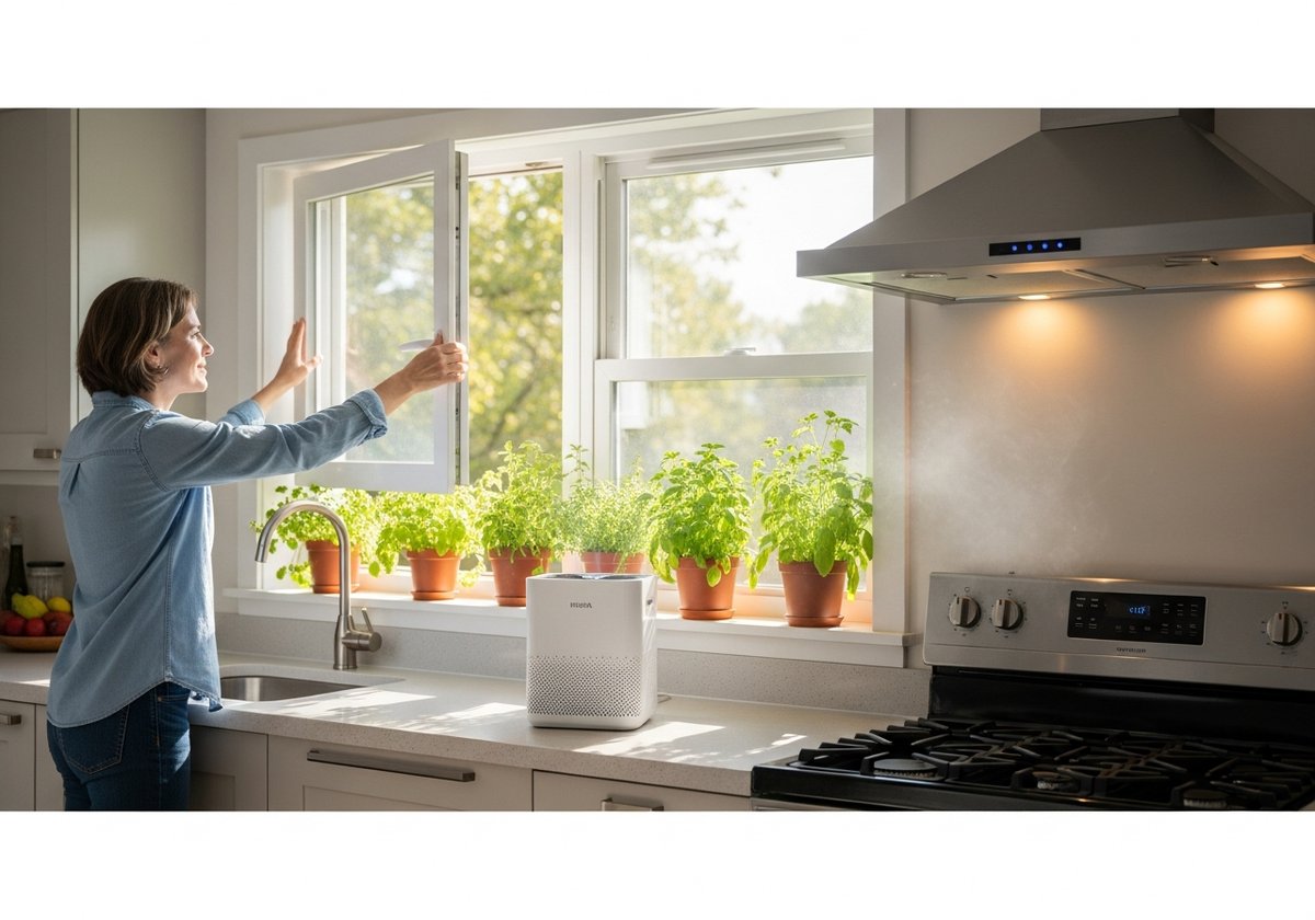 Homeowner improving airflow in a prefab home kitchen by opening a window with a range hood running and air purifier nearby