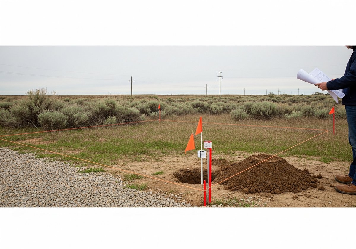 Empty land plot with survey stakes and utility poles showing the land preparation costs for a prefab home