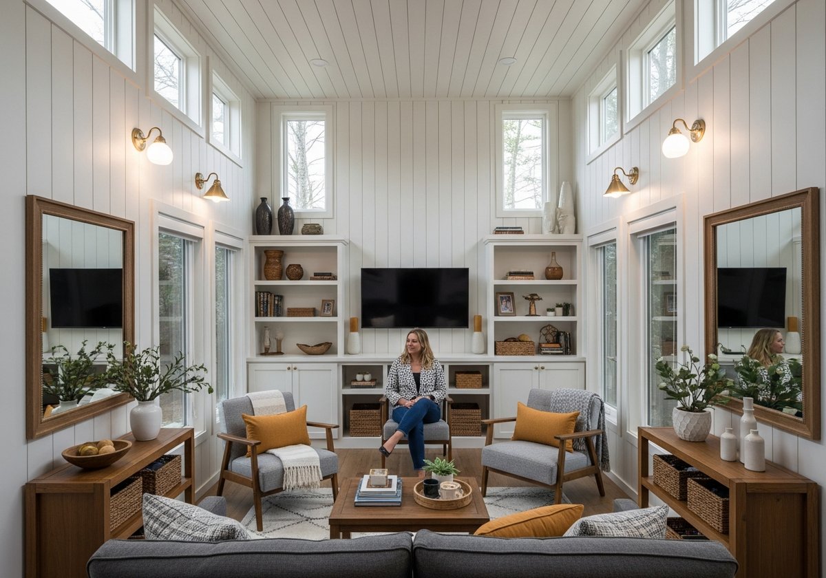 Prefab home with low ceiling using vertical paneling, tall shelving, and light colors to create a spacious feel.