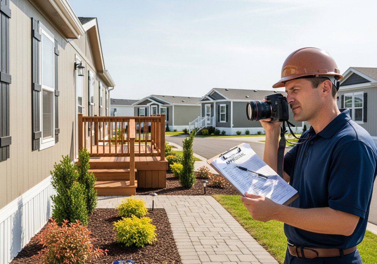 Home appraiser photographing a manufactured home exterior with clipboard and appraisal forms, illustrating appraisal challeng