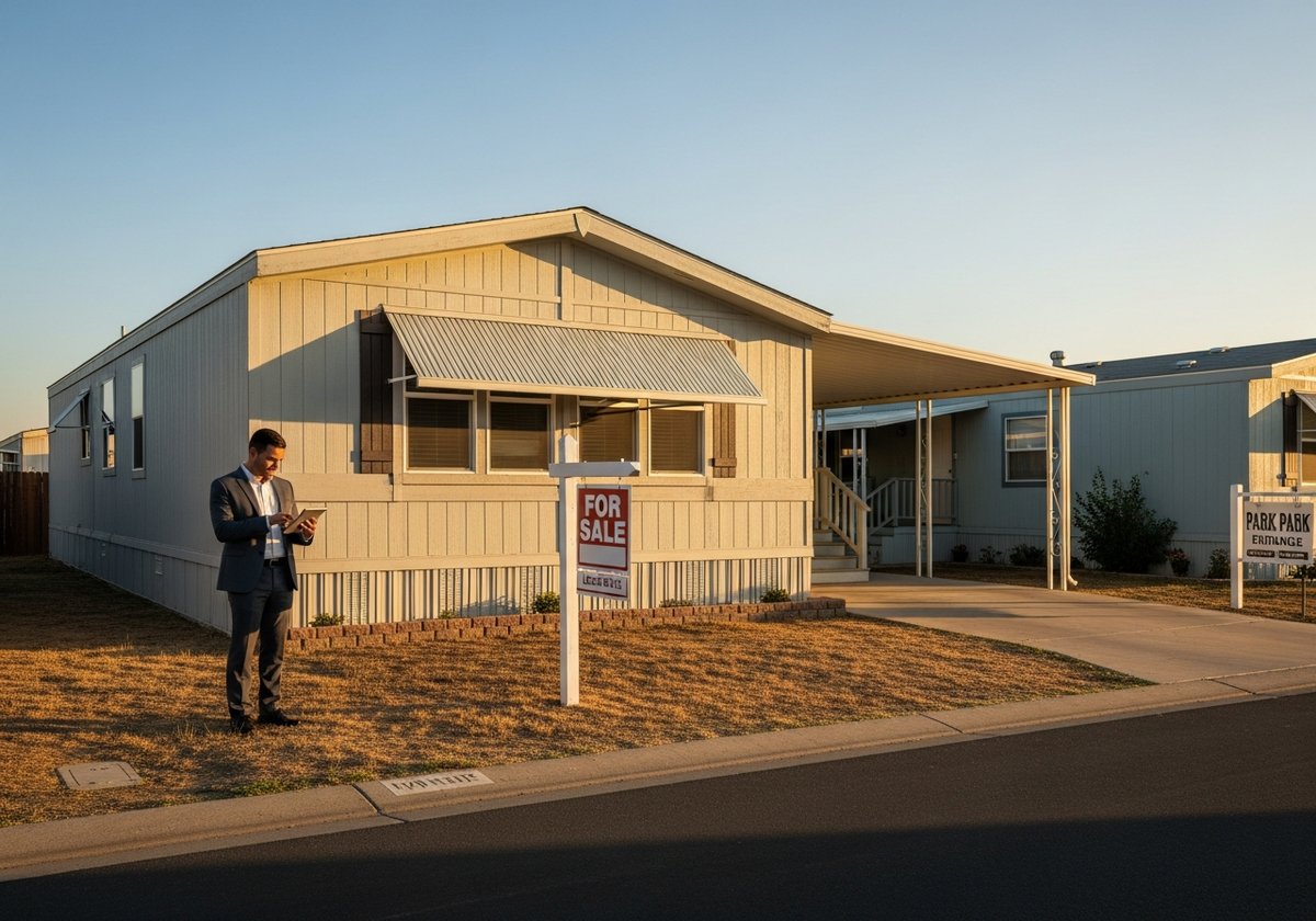 Dated manufactured home with for-sale sign in a mobile home park illustrating depreciation and resale value challenges