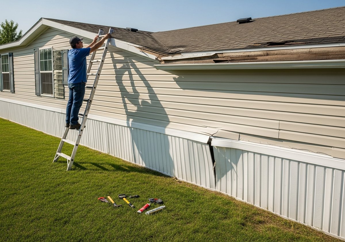 Homeowner inspecting roof and skirting of a manufactured home showing maintenance wear and repair needs