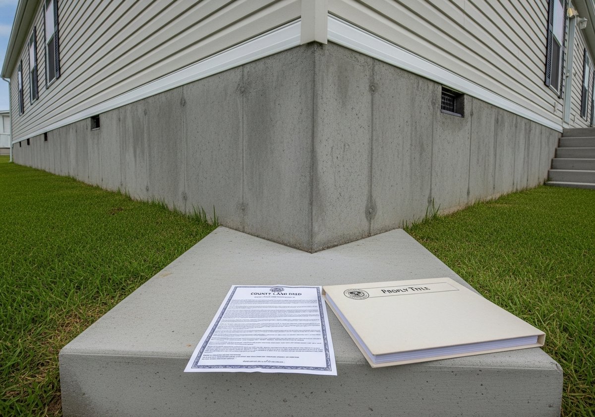Manufactured home on a permanent concrete foundation with property title documents, representing real property classification