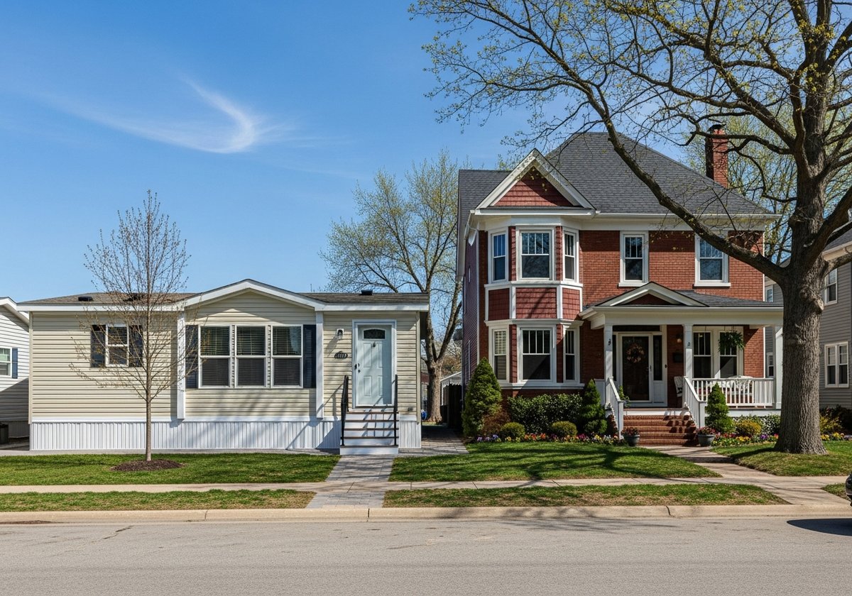 Manufactured home with skirting next to a modular home on a concrete foundation showing key appraisal differences