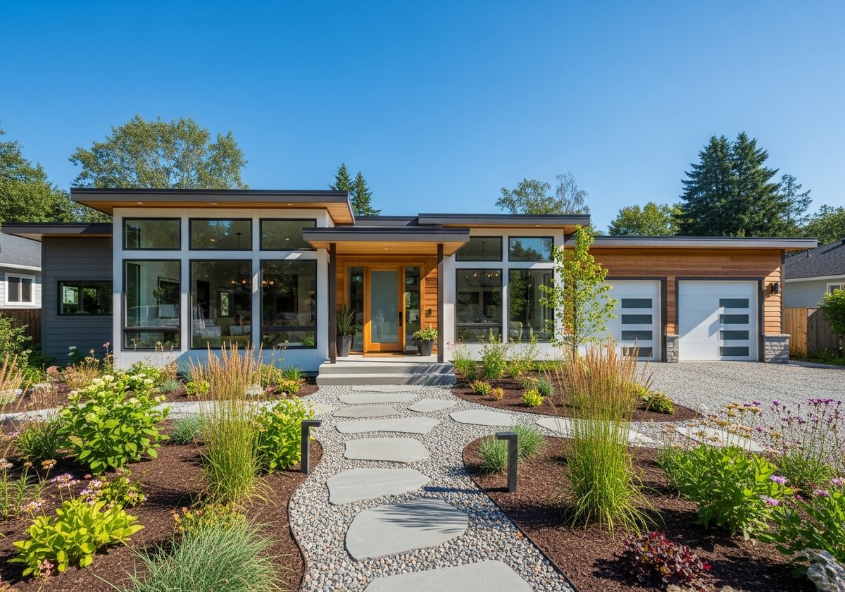 Modern prefab modular home with large windows and landscaped front yard on a sunny day