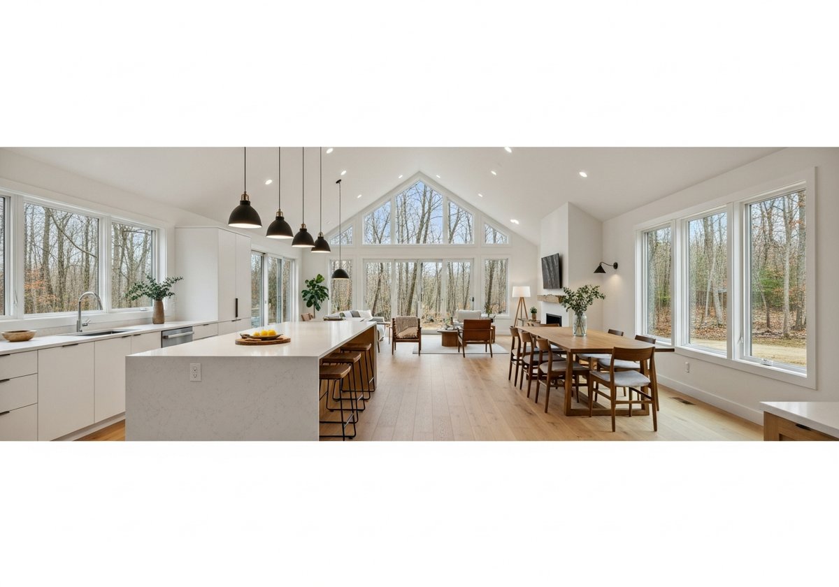 Open-plan modern prefab home interior with high ceilings, large windows, and a sleek kitchen island