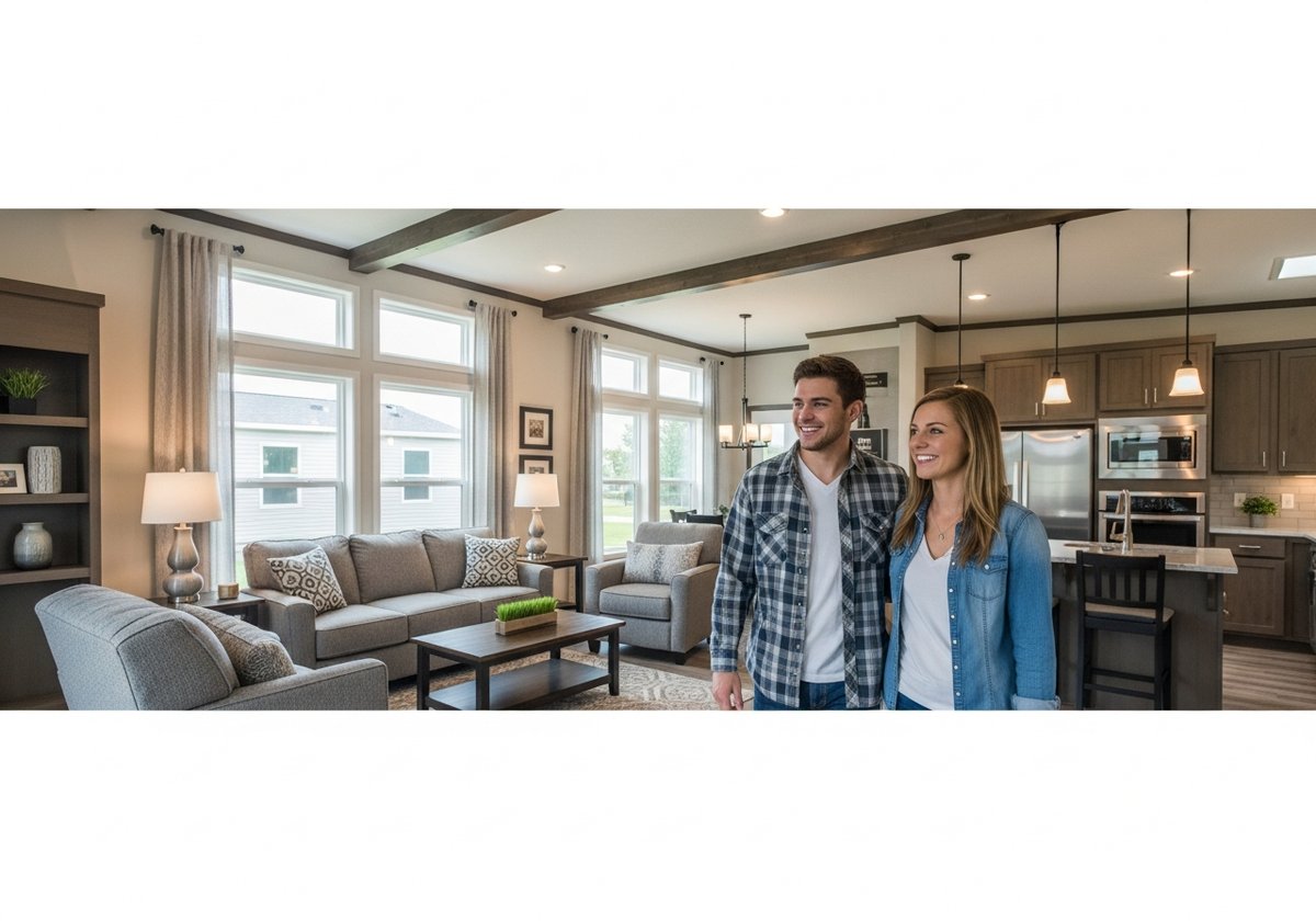 Young couple touring a modern stylish prefab home interior with open-plan living space and large natural light windows.