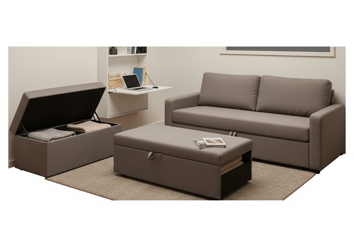 Multifunctional furniture in a small prefab living room including a storage ottoman and sofa with under-seat drawers.