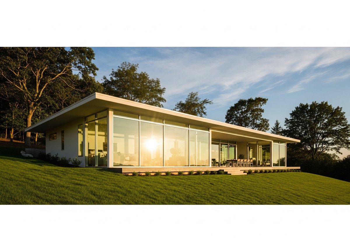 Natural Light in Prefab Homes: Design Choices That Matter Modern prefab home with large south-facing windows glowing with natural afternoon sunlight on a green hillside