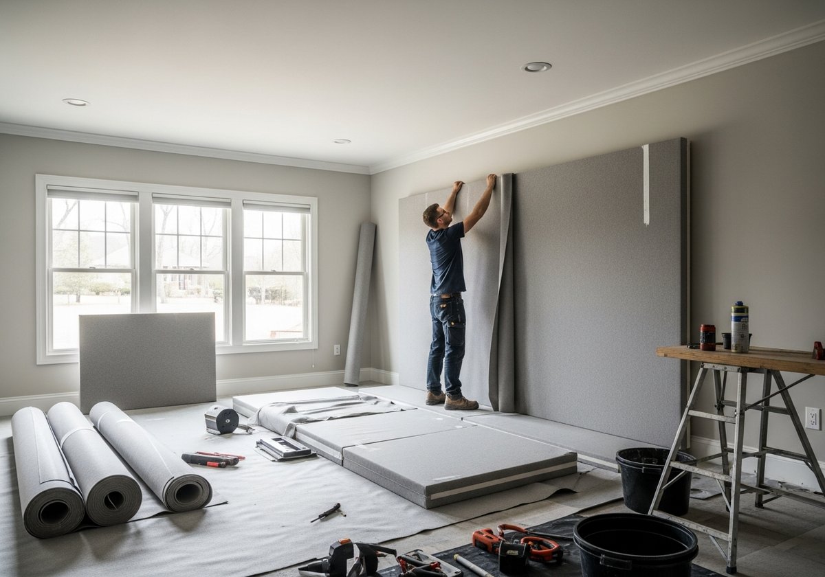 Contractor installing fabric acoustic wall panels with mass-loaded vinyl rolls visible on floor during home soundproofing