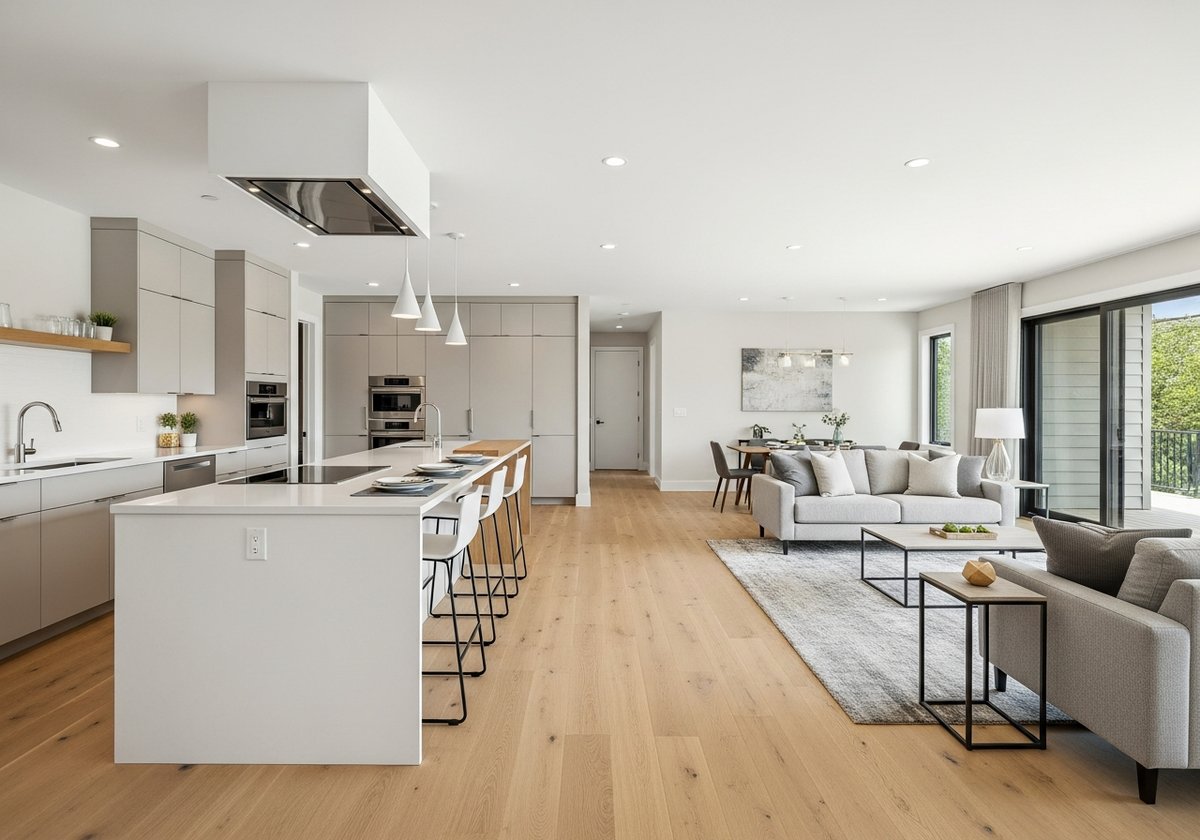 Open-concept prefab interior with unified kitchen, dining, and living area separated only by a central island