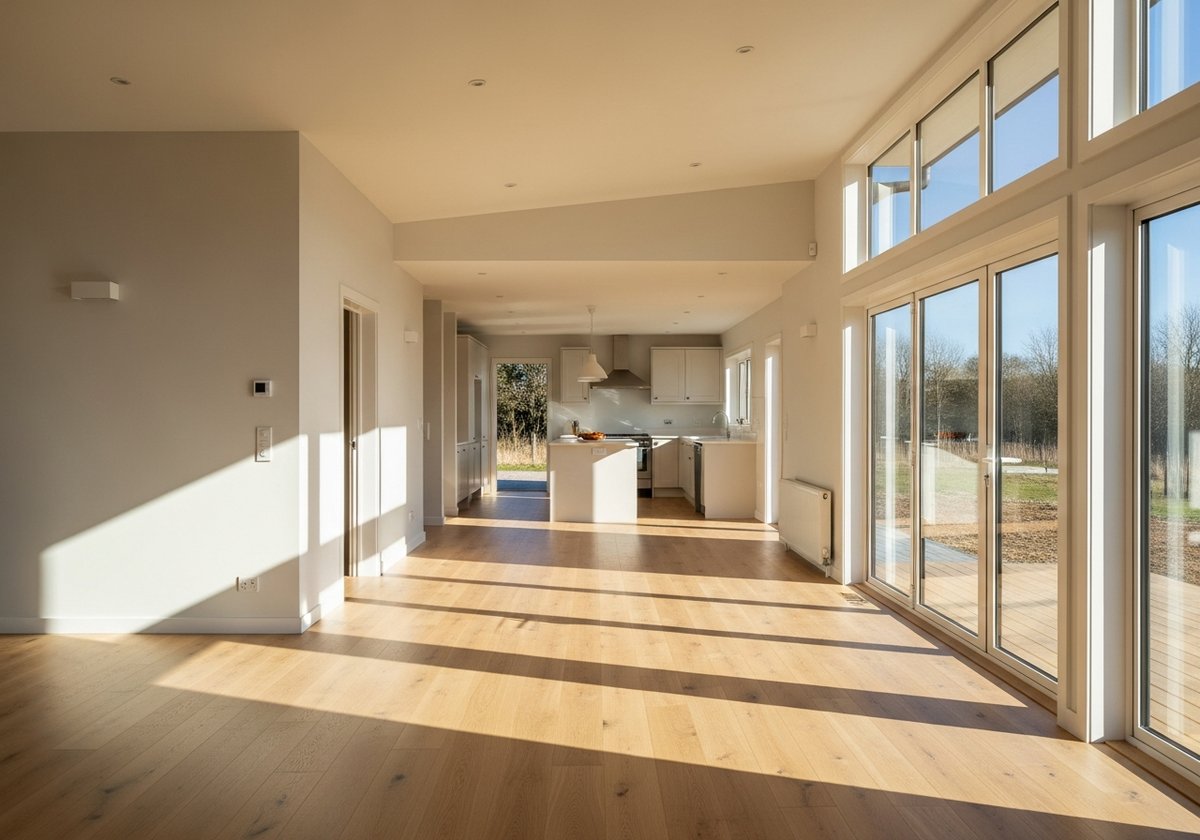 Open floor plan prefab home interior with natural light traveling from south-facing windows across connected living and kitch
