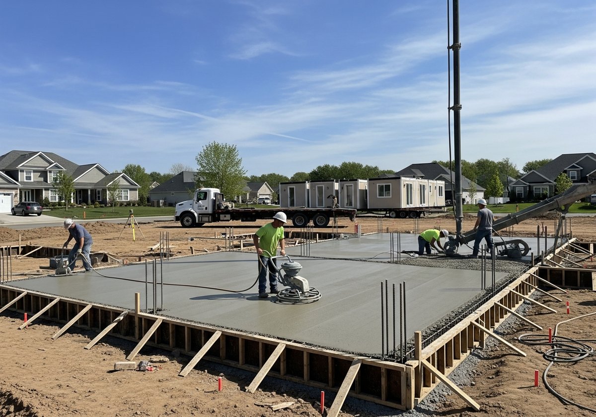 Workers installing a permanent concrete foundation for a prefab home that will trigger real property tax classification