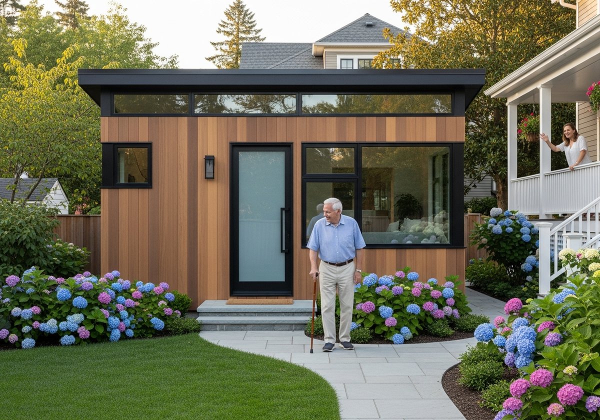 Prefab accessory dwelling unit in a backyard with step-free entry and accessible pathway connecting to the main house