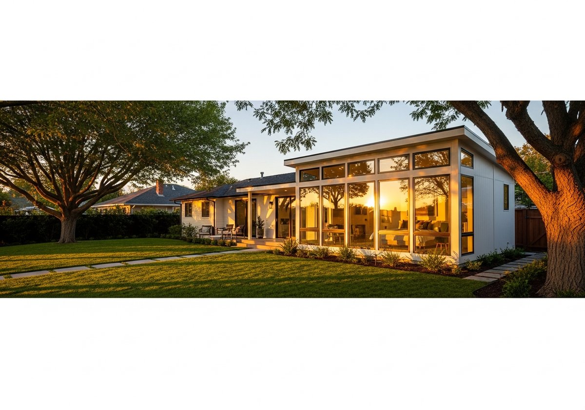 Does a Prefab ADU Increase Home Resale Value? Modern prefab ADU in a suburban backyard with landscaping, large windows, and warm interior lighting at golden hour