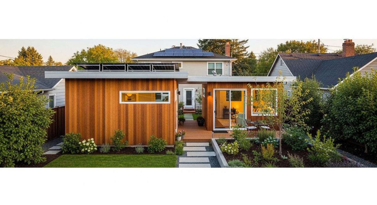 Modern prefab ADU accessory dwelling unit in backyard with cedar siding, solar panels, and separate entrance