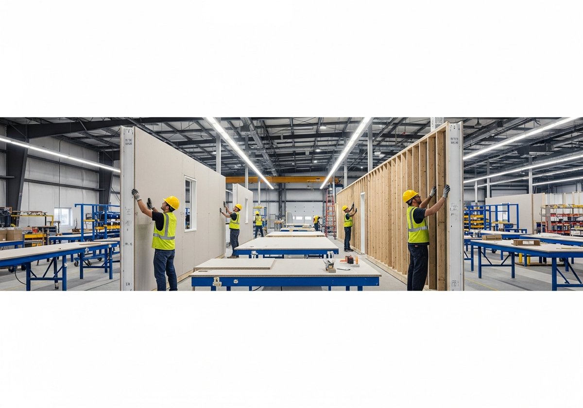 Workers assembling a prefab ADU module inside a modern factory with precise quality-controlled construction