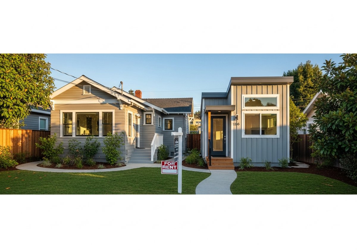 Modern prefab ADU in backyard of California home with for-rent sign, illustrating strong prefab ROI through rental income