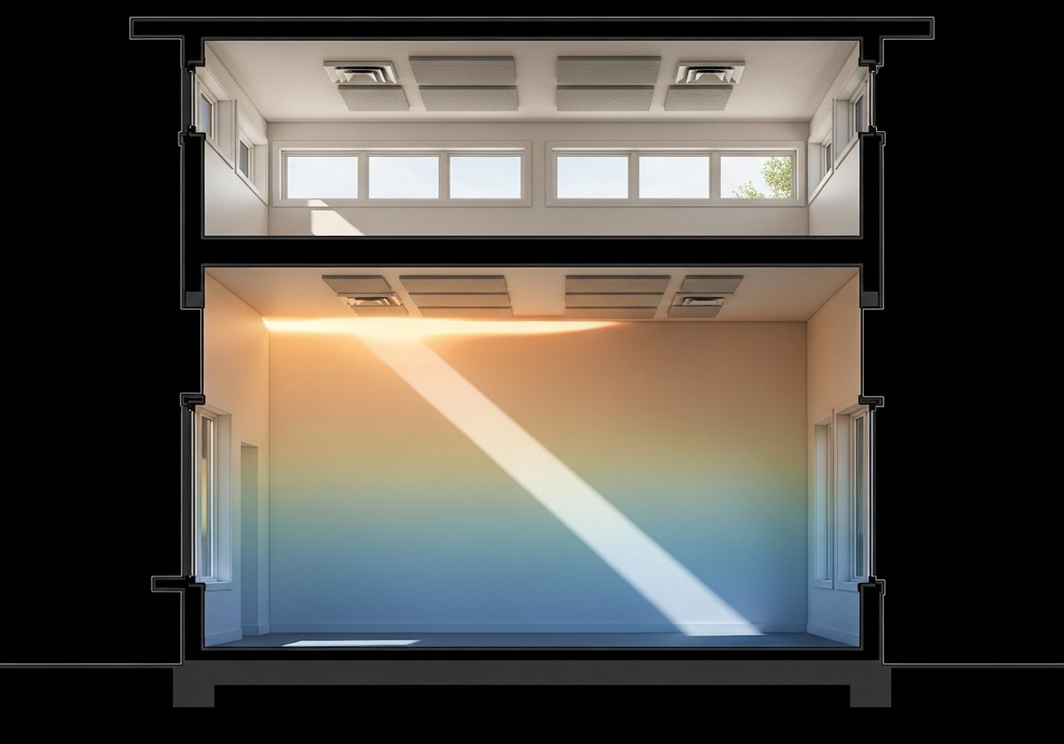 Prefab home interior showing ceiling vents, high windows, and acoustic panels illustrating HVAC and light interaction.