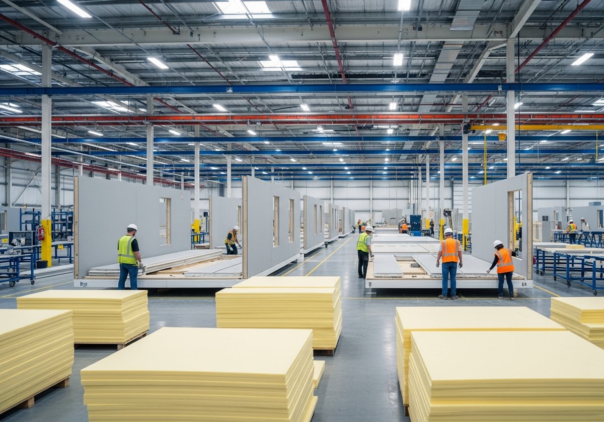 Workers assembling prefab wall panels and insulated building components inside a bright modern factory