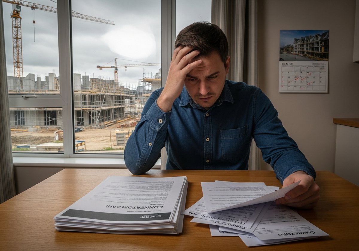 Homebuyer reviewing construction loan and rent bills simultaneously while a delayed building site is visible through the wind