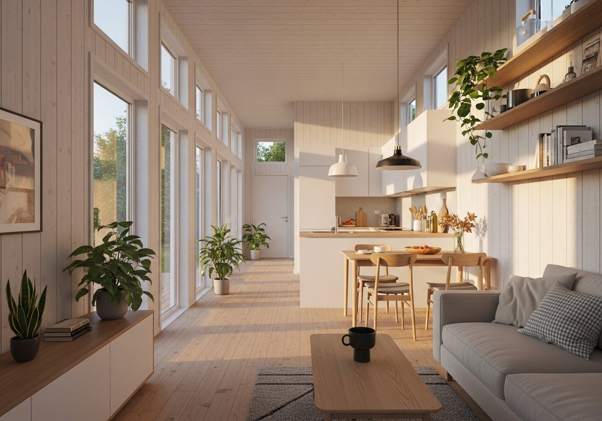 Prefab Floor Plans That Feel Bigger Than They Are Bright open-concept prefab home interior with large windows, pale wood floors, and seamless kitchen-to-living flow