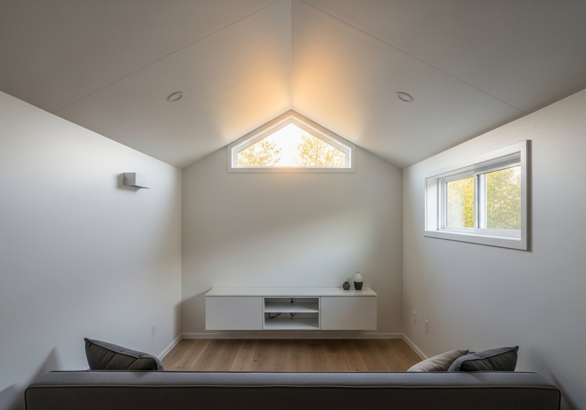Compact prefab room with vaulted nine-foot ceilings and clerestory window creating a spacious vertical volume