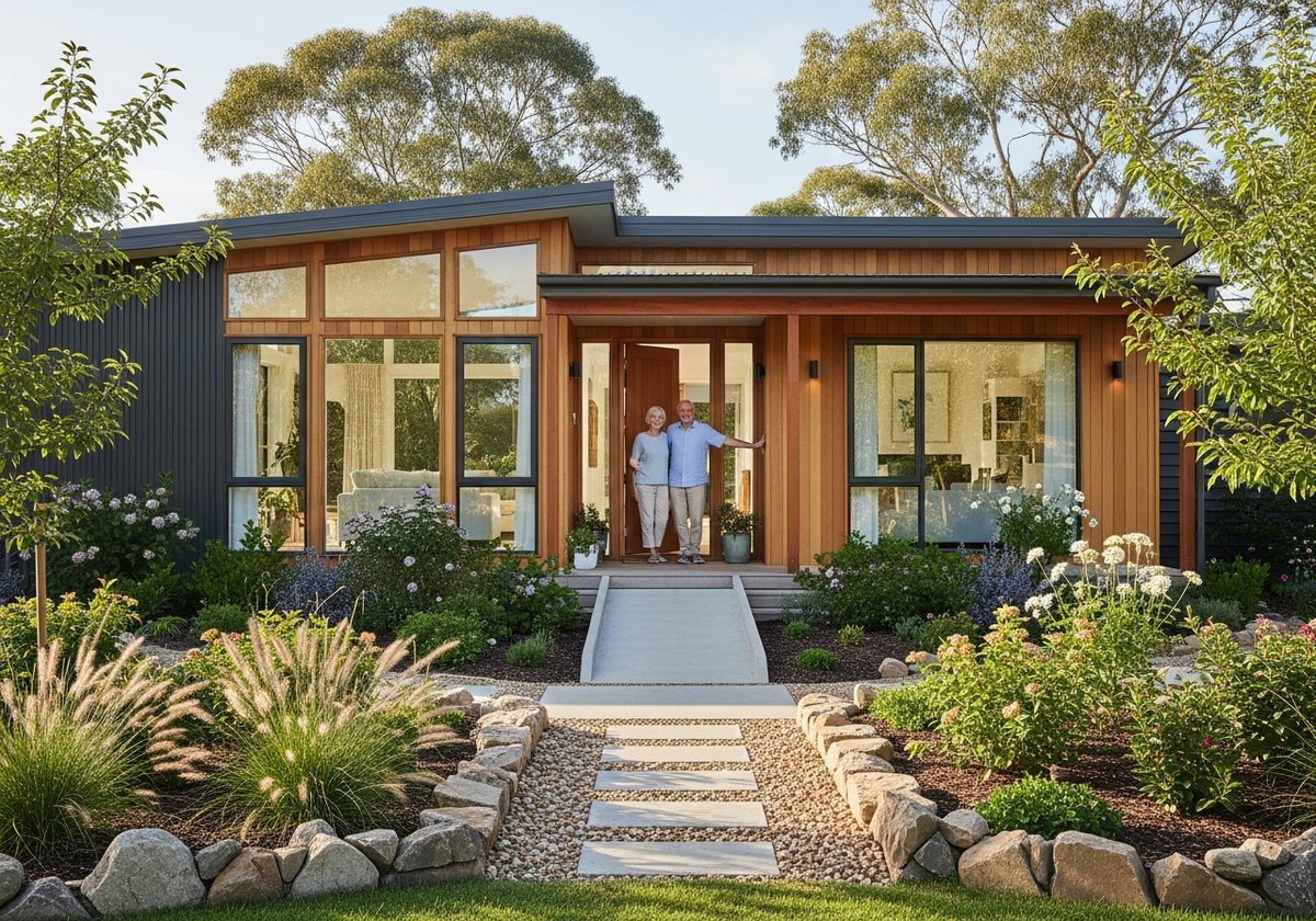 Designing a Prefab Home for Aging in Place Older couple at the entrance of a modern single-story prefab home with zero-step accessible pathway and lush garden