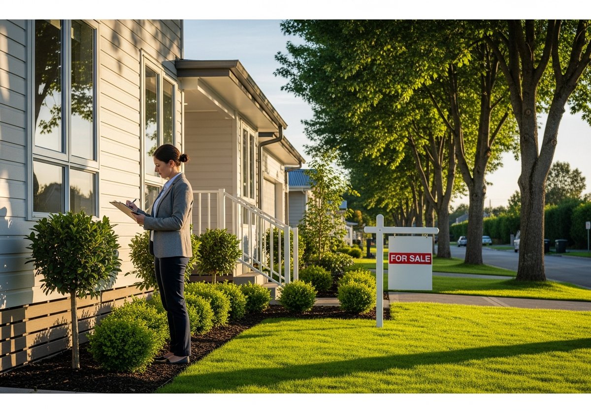 Professional appraiser evaluating a modern modular home exterior for resale pricing on a suburban street