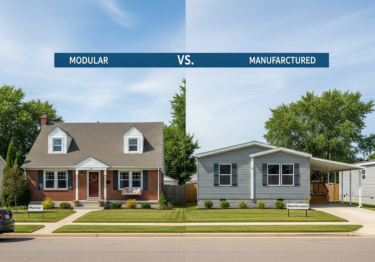 Two neighboring homes side by side showing a manufactured home and a site-built home, illustrating classification differences