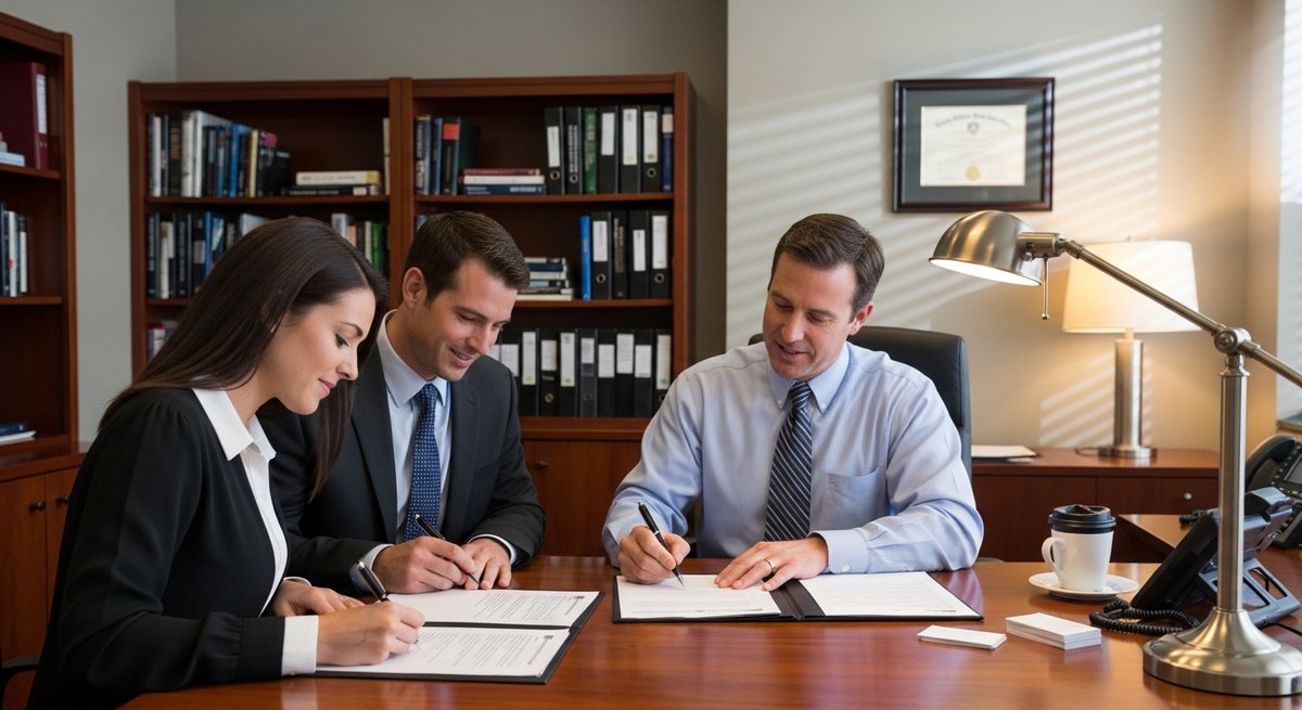 Couple signing conventional mortgage documents at a real estate closing with a loan officer
