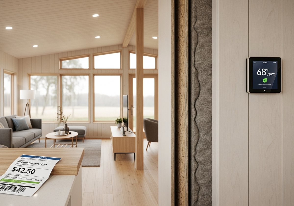 Energy-efficient prefab home interior with smart thermostat, insulated walls, and large windows showing low operating costs