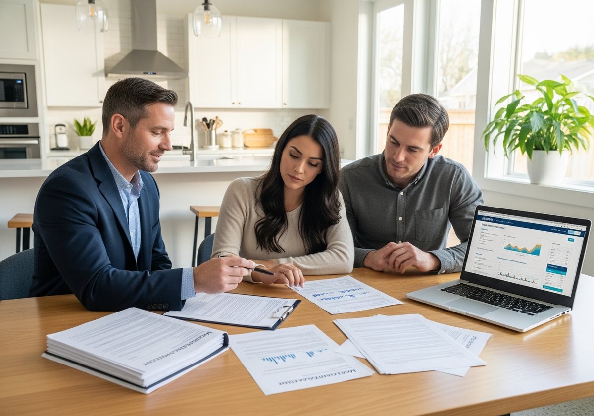 Real estate agent explaining prefab home financing paperwork to a couple at a kitchen table