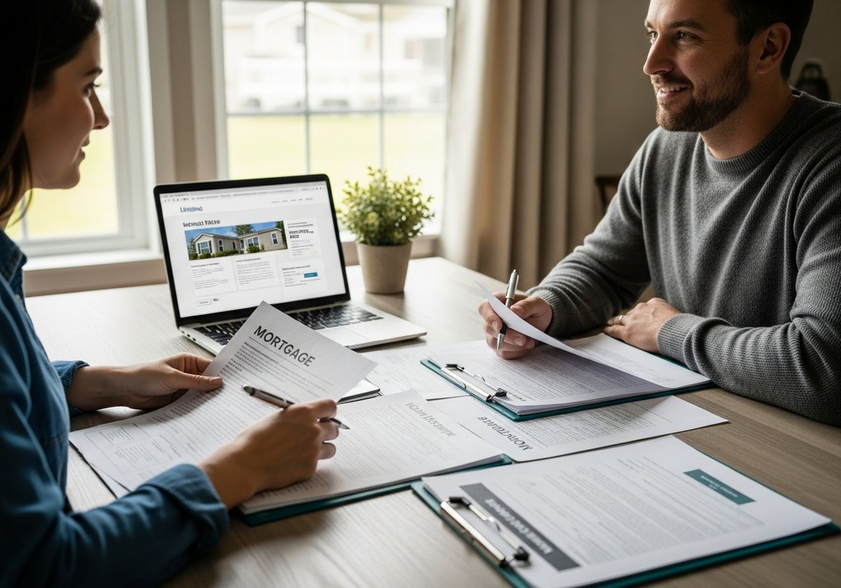 Couple reviewing prefab home financing documents and loan paperwork at a kitchen table