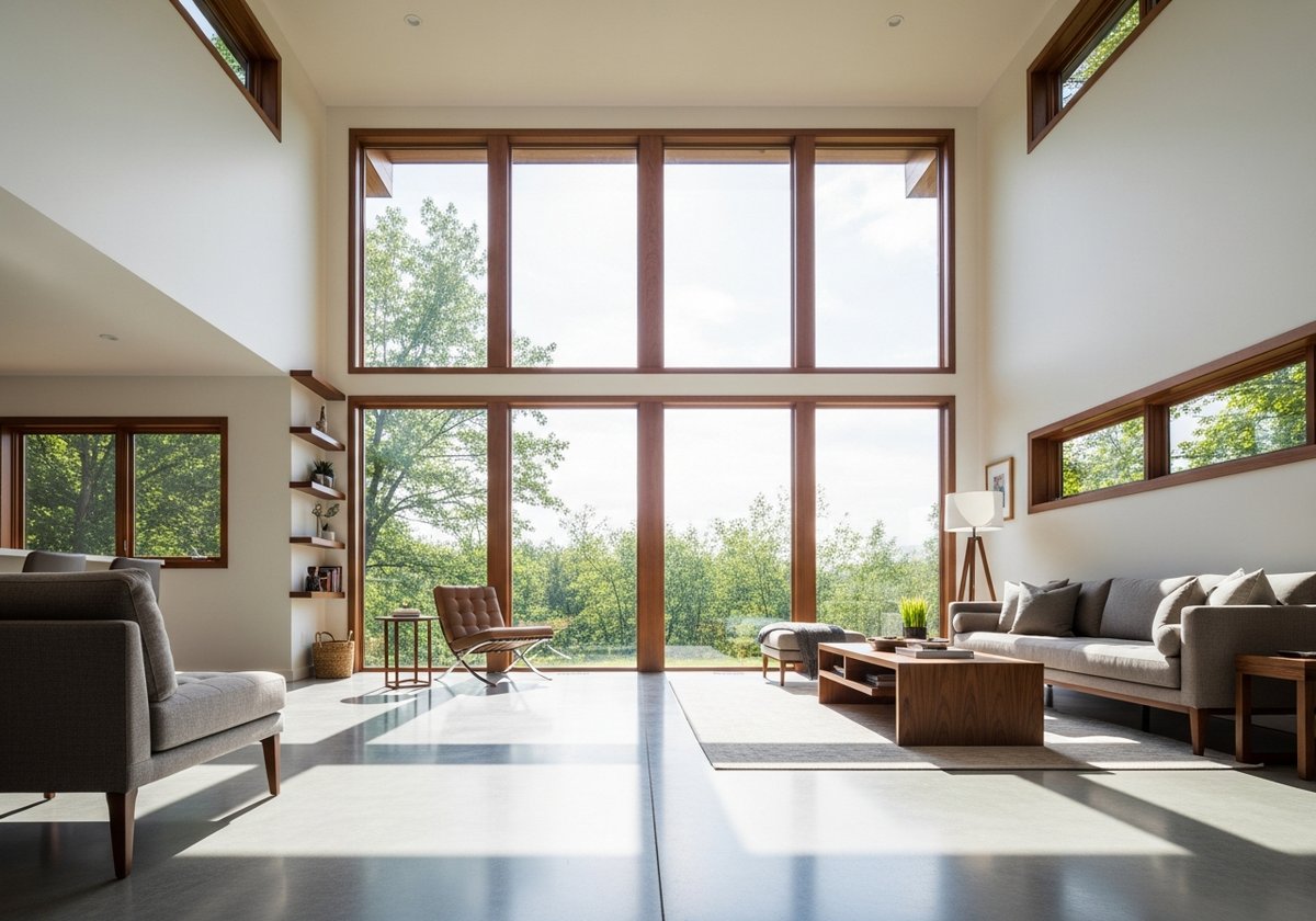 Prefab home interior with floor-to-ceiling south-facing windows flooding a minimalist living space with daylight